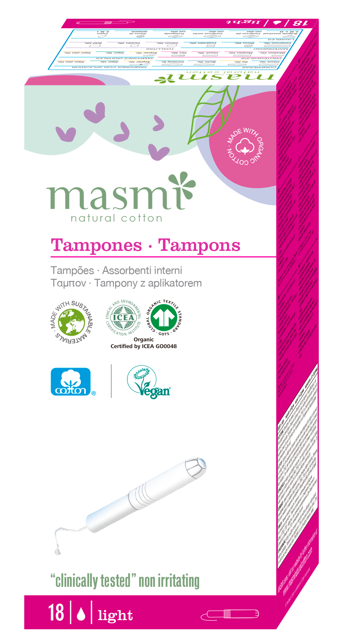 Tampony ekologiczne bawełniane Light (z aplikat.) Masmi 100% BIO 18 szt.