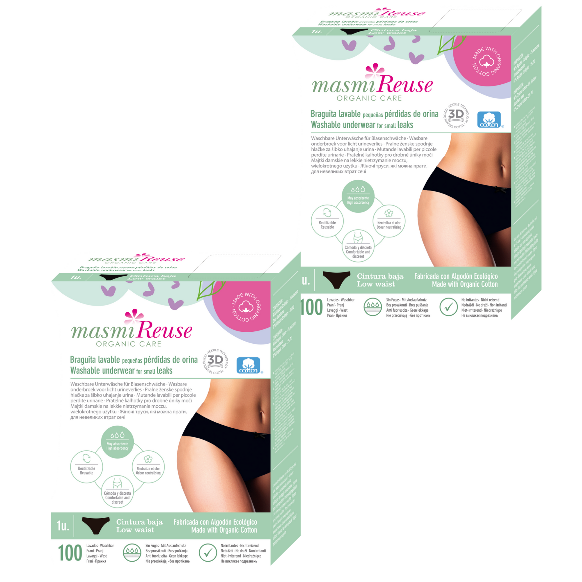 ZESTAW -3% 2x Masmi Majtki menstruacyjne ekologiczne podwójna chłonność 120g/nis. stan (rozmiary: S, M, L, XL)