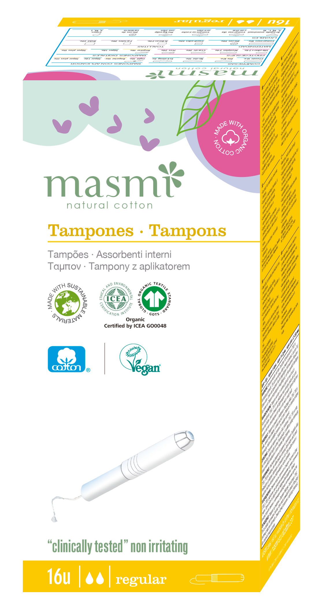 Tampony ekologiczne bawełniane Regular (z aplikat.) Masmi 100% BIO 16 szt.