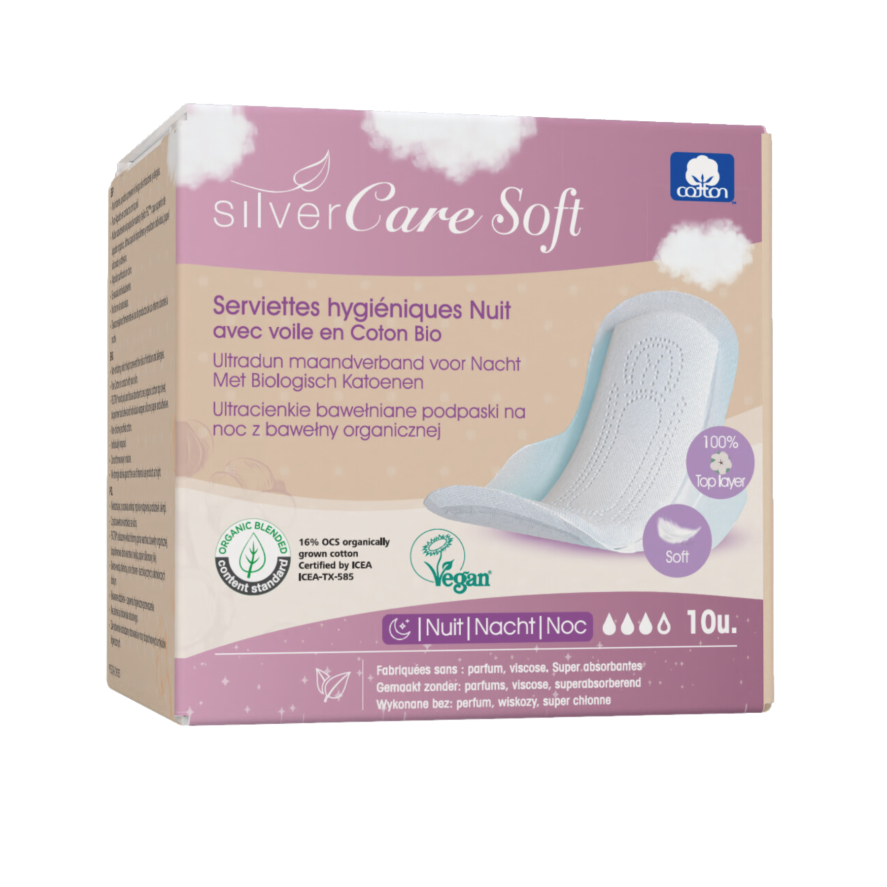 Podpaski ekologiczne bawełniane SOFT na noc Silver Care 100% BIO 10 szt.