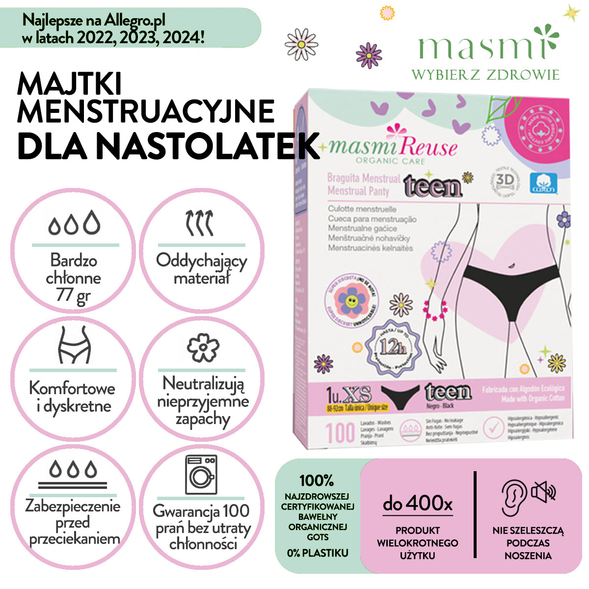 ZESTAW -5% 3x Masmi Majtki menstruacyjne ekologiczne DLA NASTOLATEK 100% bawełna BIO (rozmiary XS, S i M)