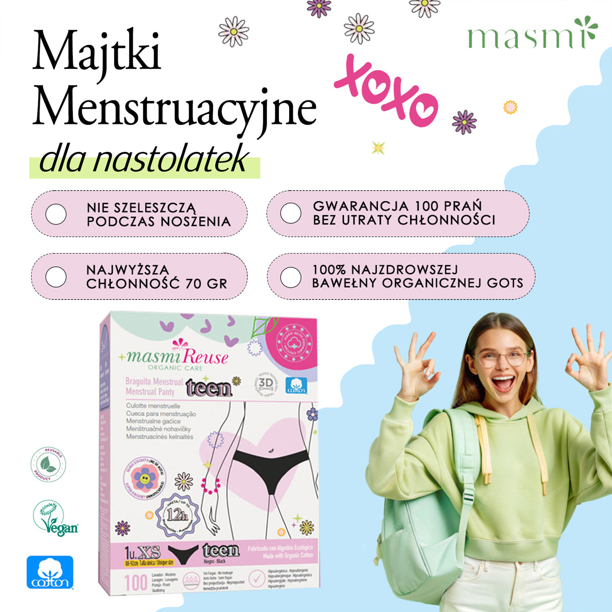 ZESTAW -5% 3x Masmi Majtki menstruacyjne ekologiczne DLA NASTOLATEK 100% bawełna BIO (rozmiary XS, S i M)