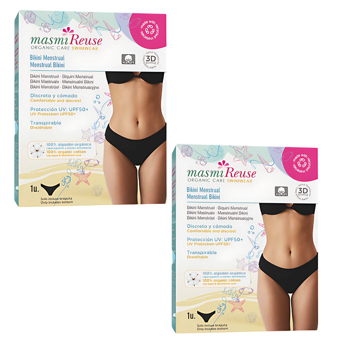 ZESTAW -3% 2x Majtki menstruacyjne Masmi Reuse do pływania UPF 50+/ odporne na chlor (rozmiary: XS, S, M, L)