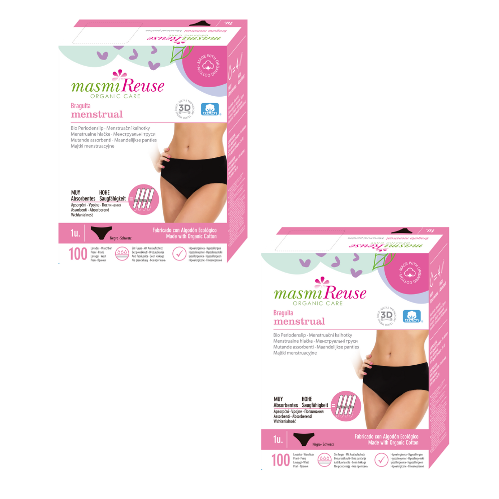 ZESTAW -3% 2x Masmi Majtki menstruacyjne ekologiczne CLASSIC wysoki stan 100% bawełny organicznej (rozmiary: S, M, L, XL)