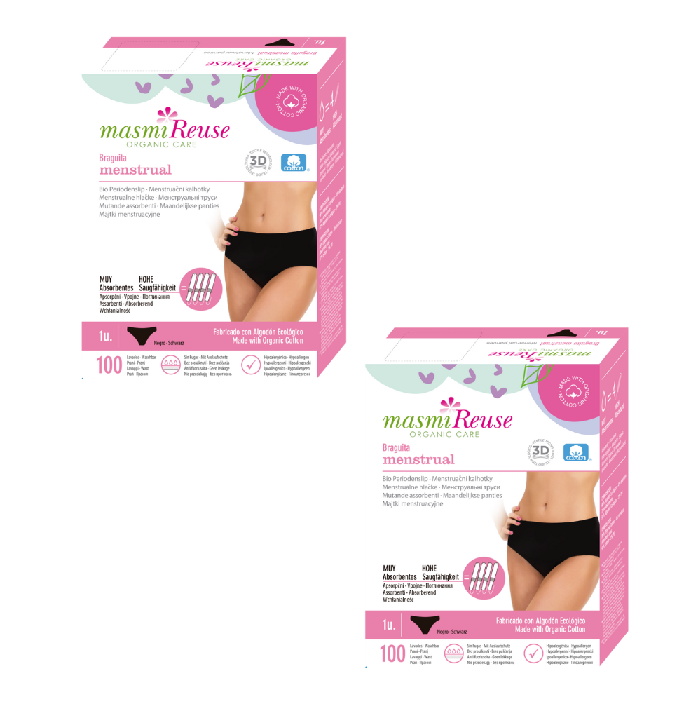 ZESTAW -3% 2x Masmi Majtki menstruacyjne ekologiczne CLASSIC wysoki stan 100% bawełny organicznej (rozmiary: S, M, L, XL)