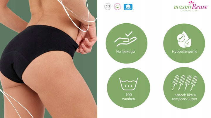 ZESTAW -5% 3x Masmi Majtki menstruacyjne ekologiczne CLASSIC wysoki stan 100% bawełna (rozmiary: S, M, L, XL) - zdjęcie 14