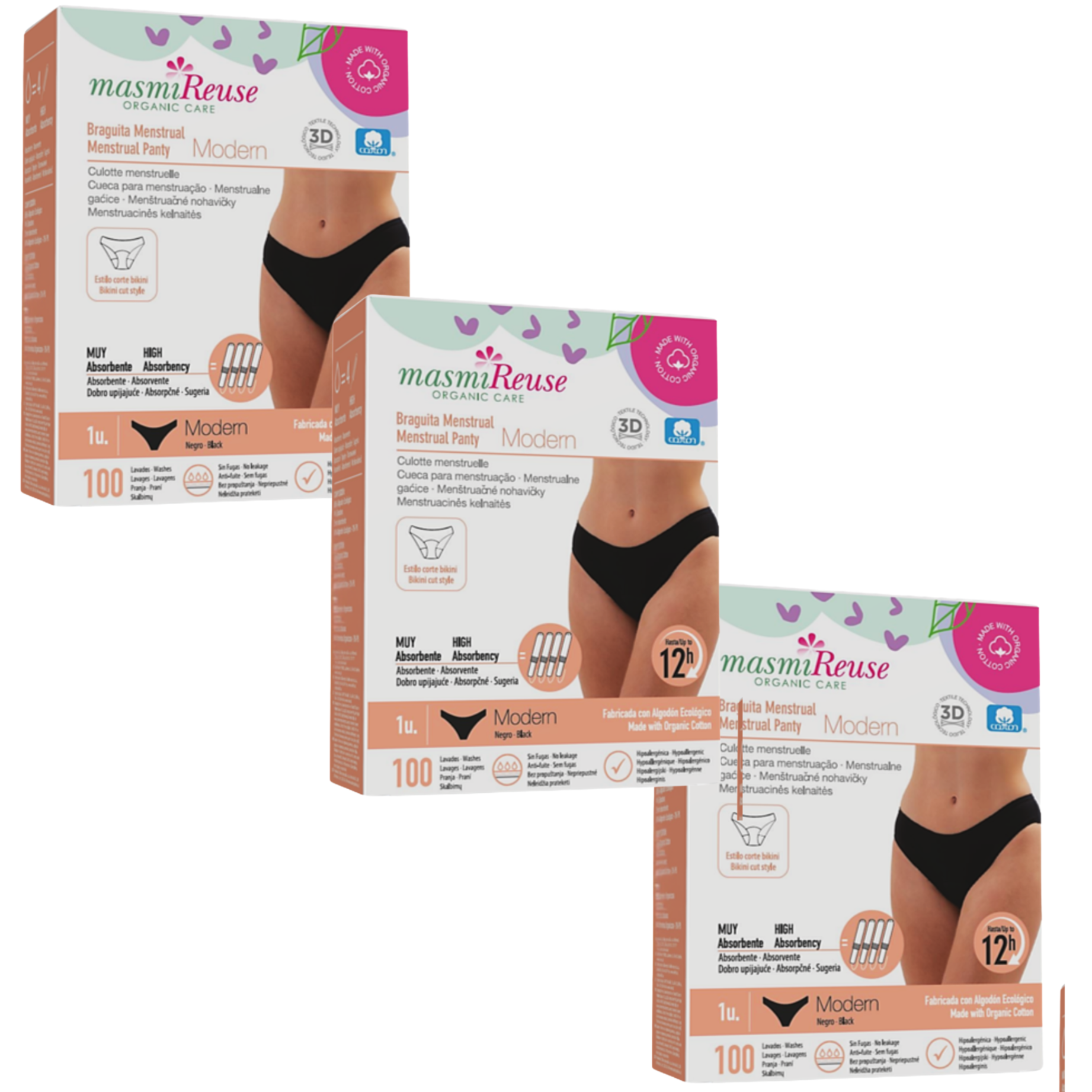 ZESTAW -5% 3x Masmi Majtki menstruacyjne ekologiczne MODERN 100% bawełna BIO (rozmiary: S, M, L, XL)