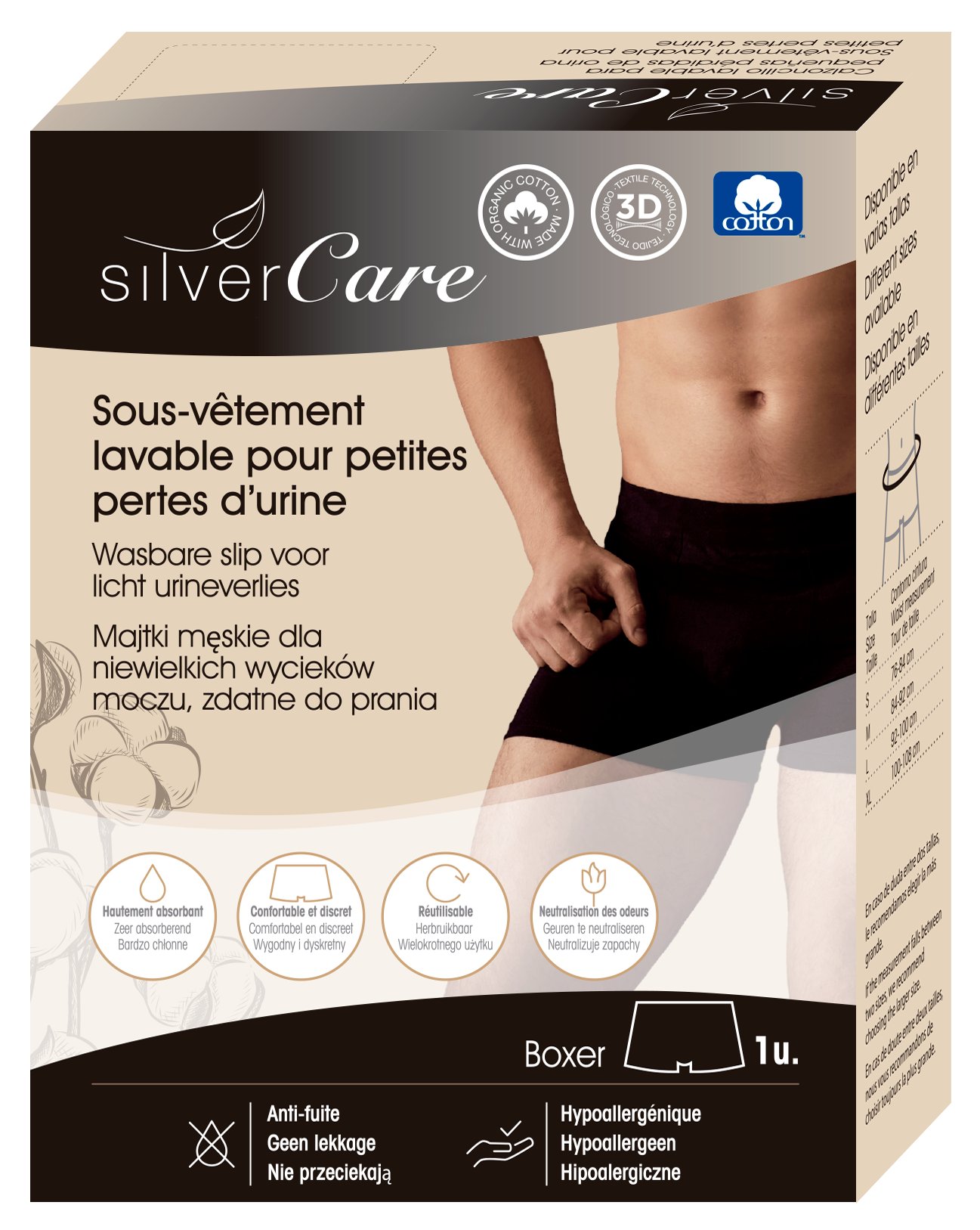 Silver Care Bokserki męskie na nietrzymanie moczu (rozmiary: S, M, L, XL), 100% bawełny organicznej 1 szt.