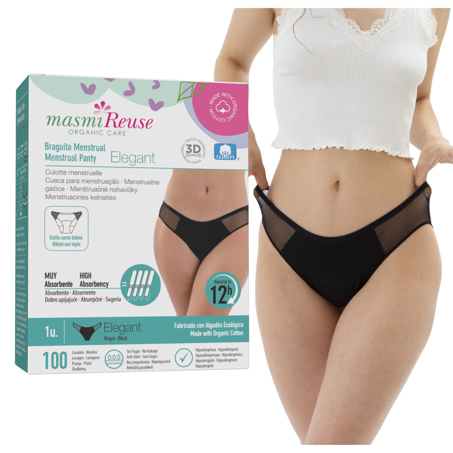 ZESTAW -5% 3x Masmi Majtki menstruacyjne ekologiczne ELEGANT 100% bawełna BIO (rozmiary: S, M, L, XL) - zdjęcie 2