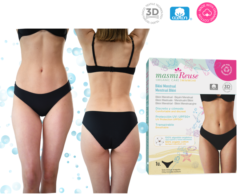 Masmi Menstruacyjne bikini kąpielowe UPF 50+, odporne na chlor i słoną wodę (rozmiary: XS, S, M, L) 1 szt.