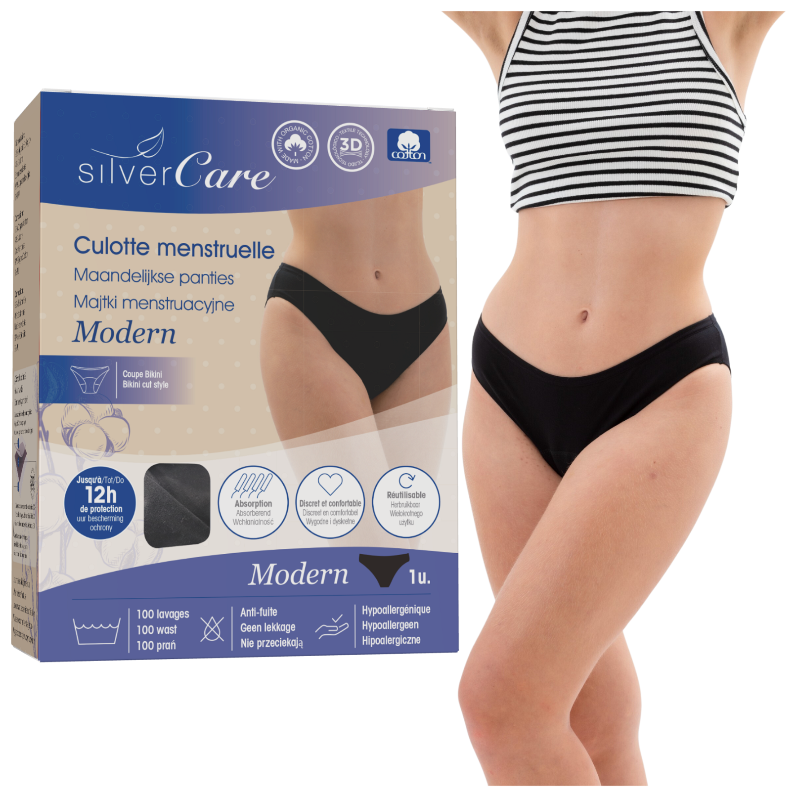 Silver Care Majtki menstruacyjne MODERN niski stan, (rozmiary: S, M, L, XL) 100% certyfikowanej bawełny organicznej 1 szt.