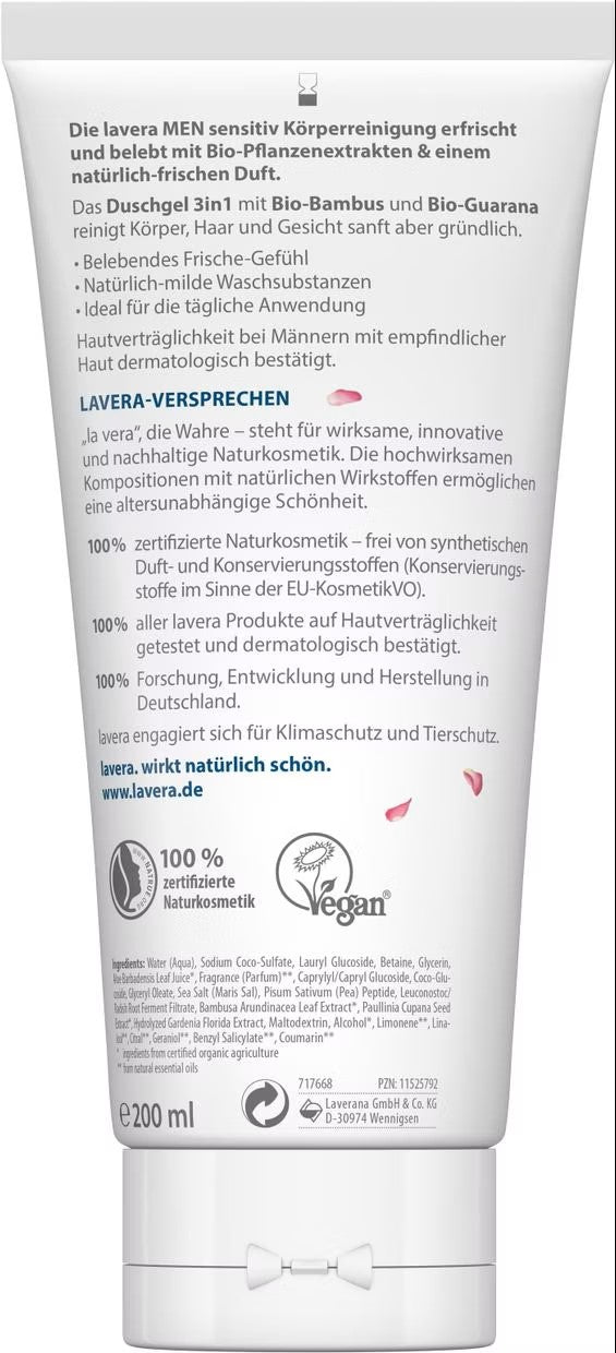 Żel do mycia 3w1 twarz/ciało/włosy MEN z guaraną i bambusem Lavera 200 ml - zdjęcie 2