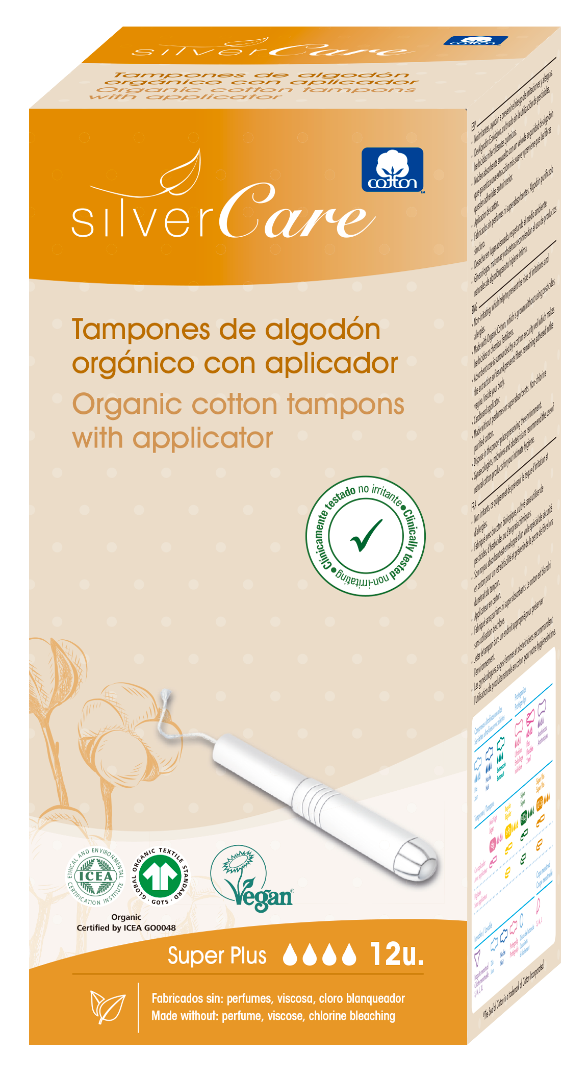 Tampony ekologiczne bawełniane SuperPlus (z aplikat.) Silver Care BIO 12szt