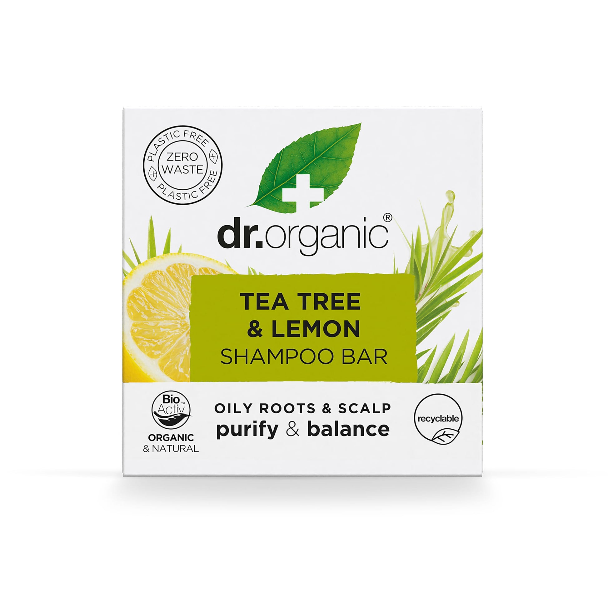 dr. organic Szampon w kostce do włosów przetłuszczających się z olejkiem z drzewa herbacianego i cytryną (oczyszczanie i odbudowa) 75g