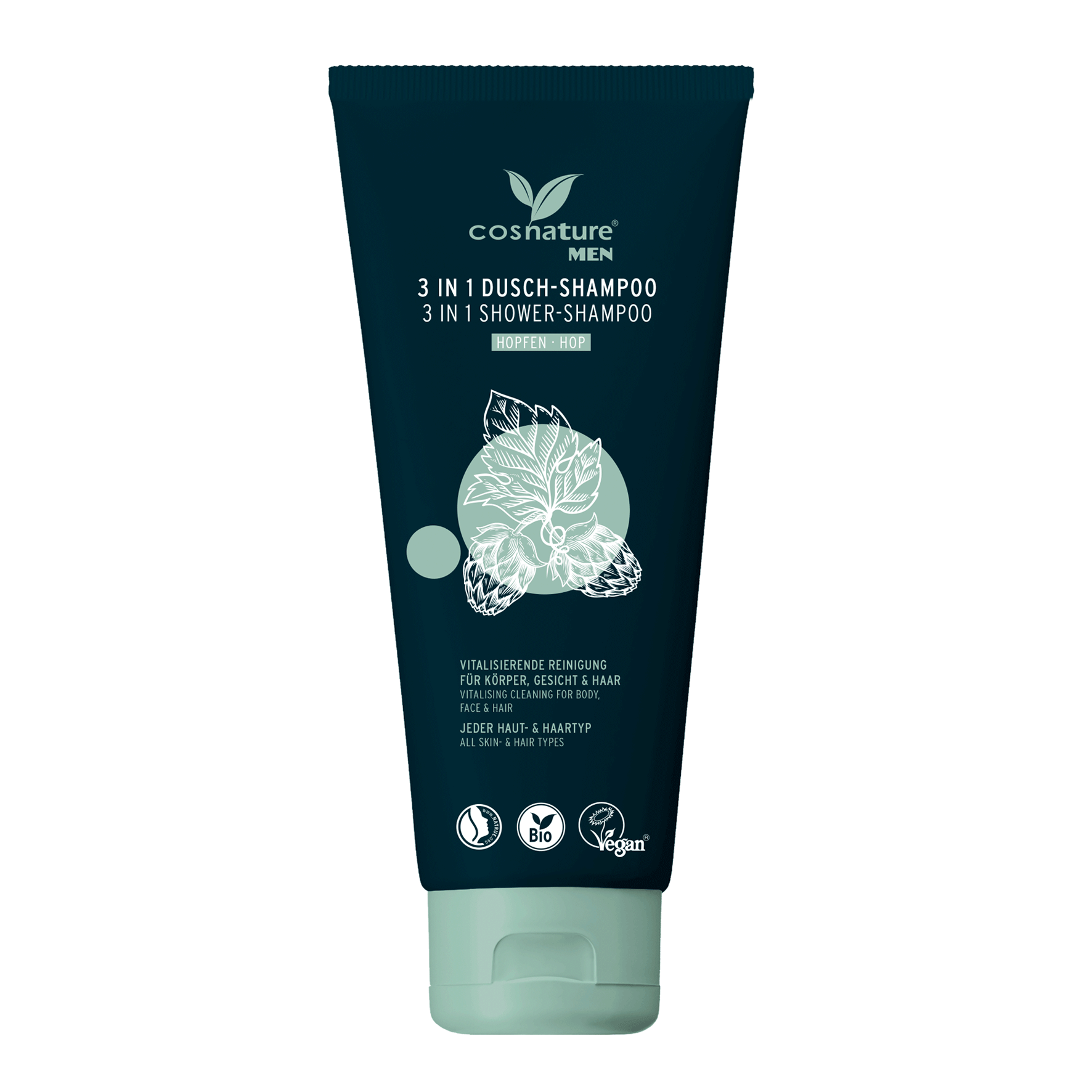 Cosnature MEN 3w1 Naturalny szampon & żel do twarzy i ciała z wyciągiem z szyszek chmielu 200 ml