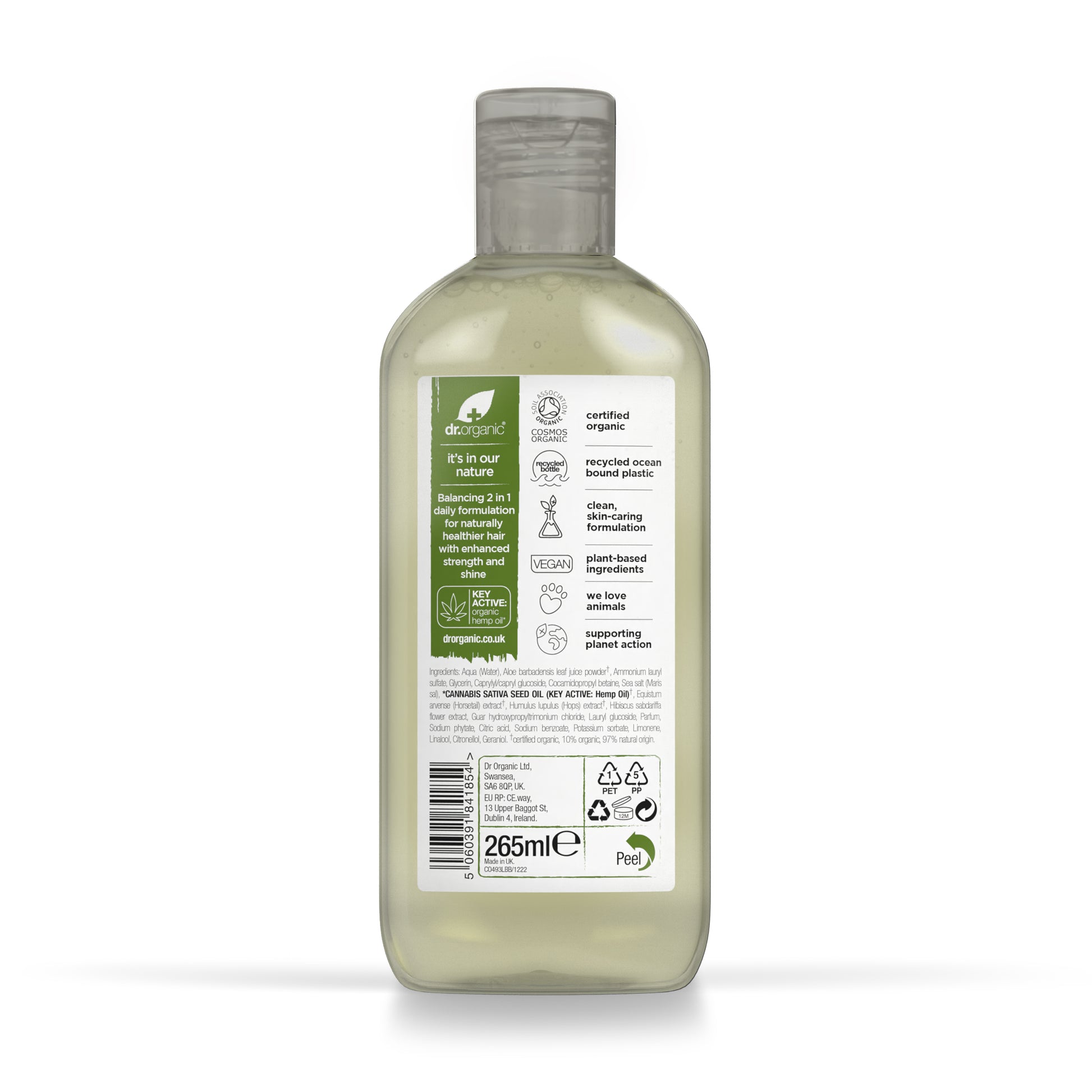 dr. organic Wzmacniający szampon i odżywka 2w1 z olejem z organicznych konopi 265 ml