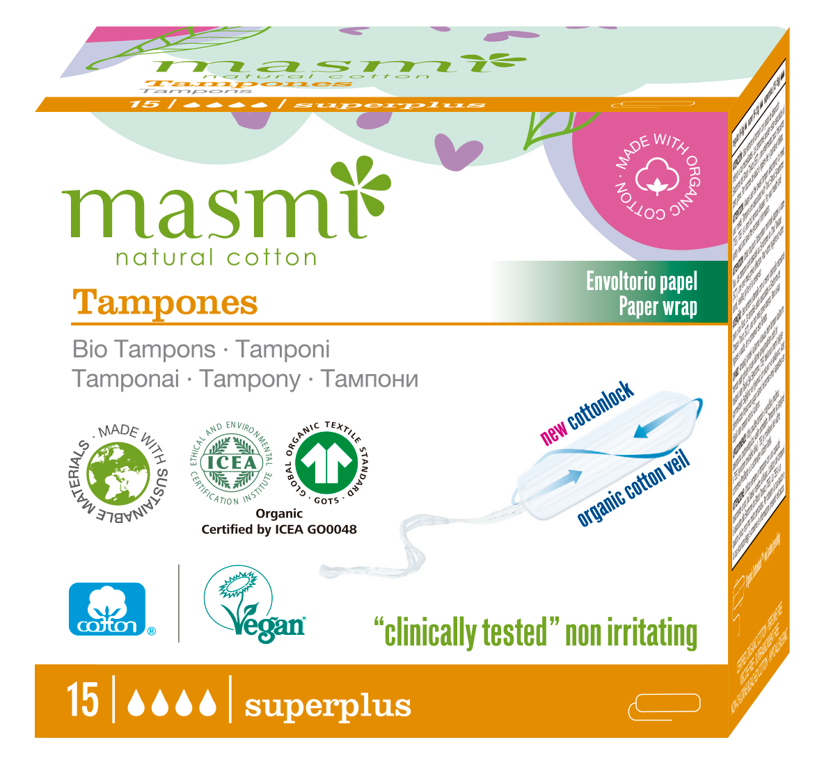 Tampony ekologiczne Super Plus (bez aplik.) Masmi BIO 100% bawełna 18 szt.