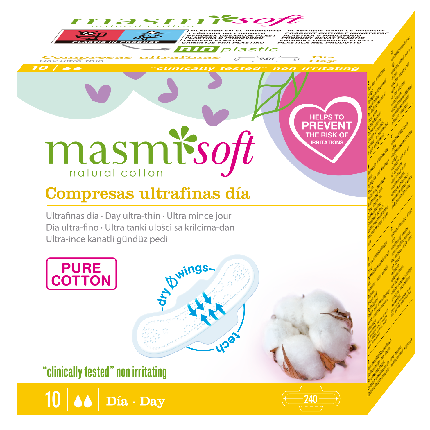 Podpaski ekologiczne bawełniane b/chloru SOFT na dzień Masmi 100% BIO 10szt