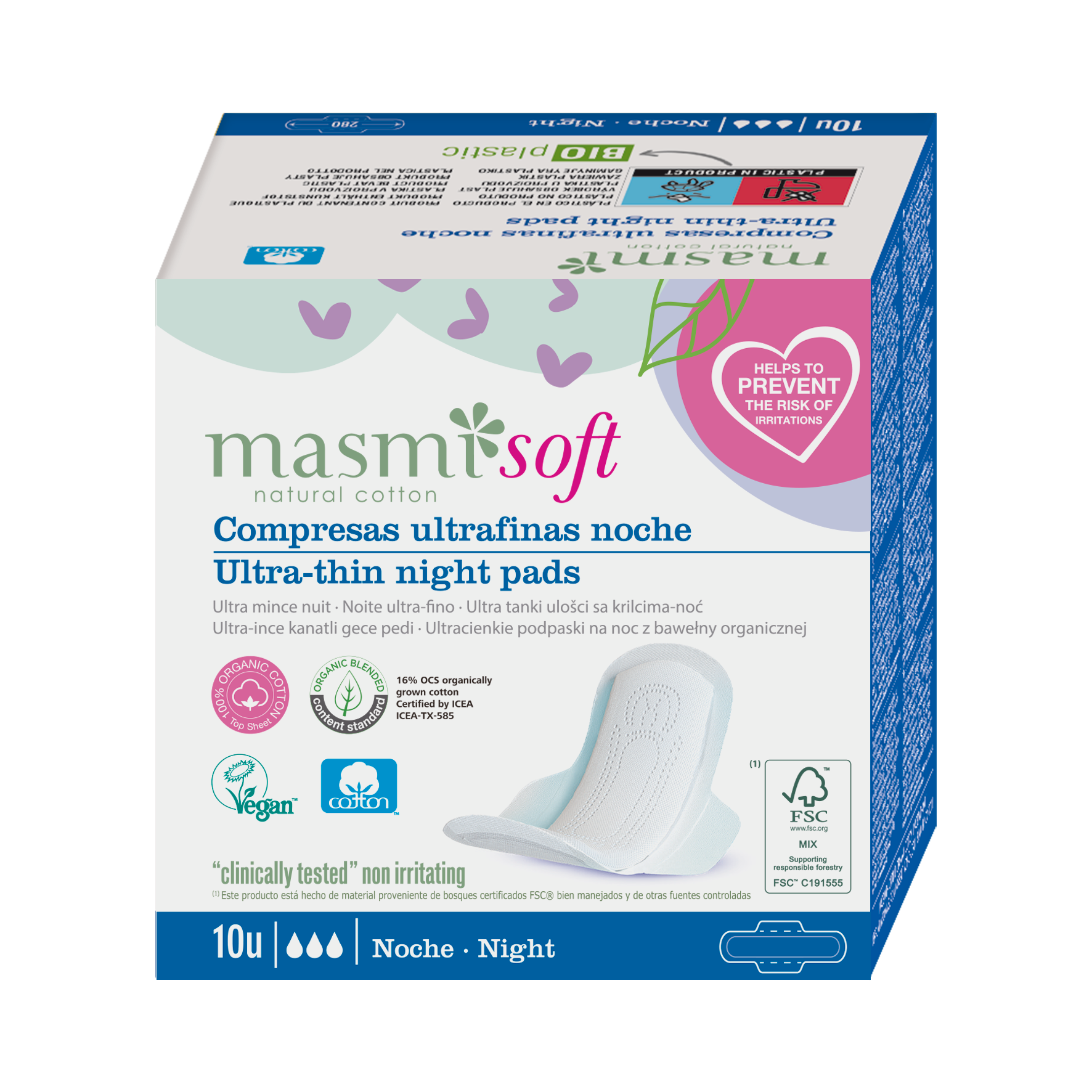 Masmi SOFT Ultracienkie bawełniane podpaski na noc ze skrzydełkami 10 szt.