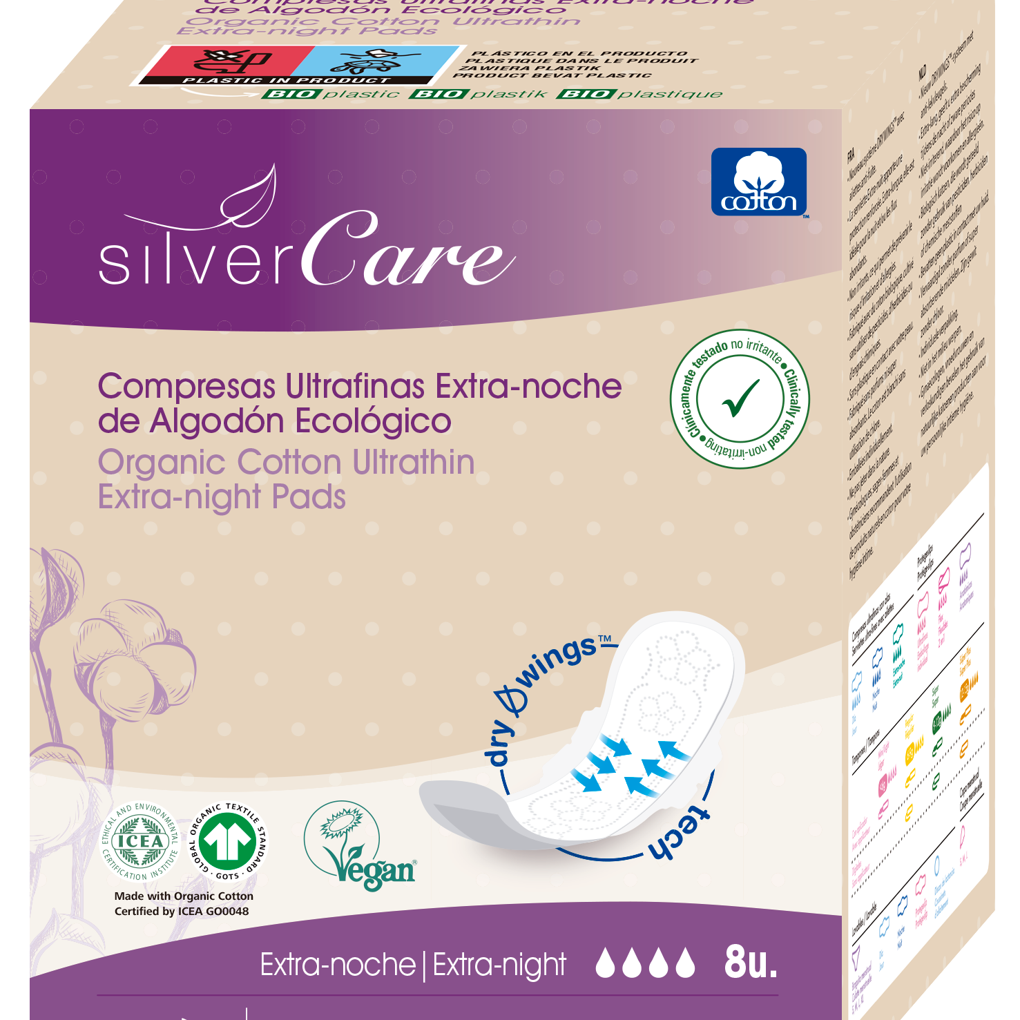 Podpaski ekologiczne bawełniane ekstradługie 100% BIO Silver Care 8 szt.