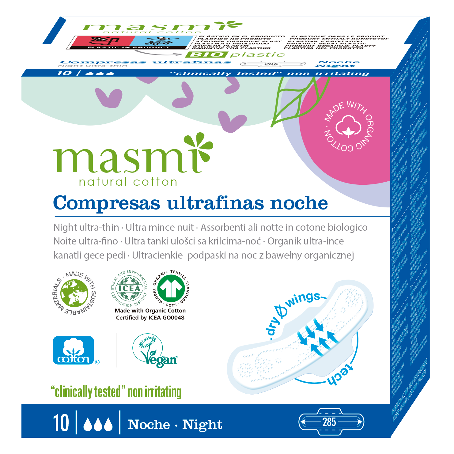 Podpaski ekologiczne na noc Masmi BIO 100% bawełny organicznej 10 szt.