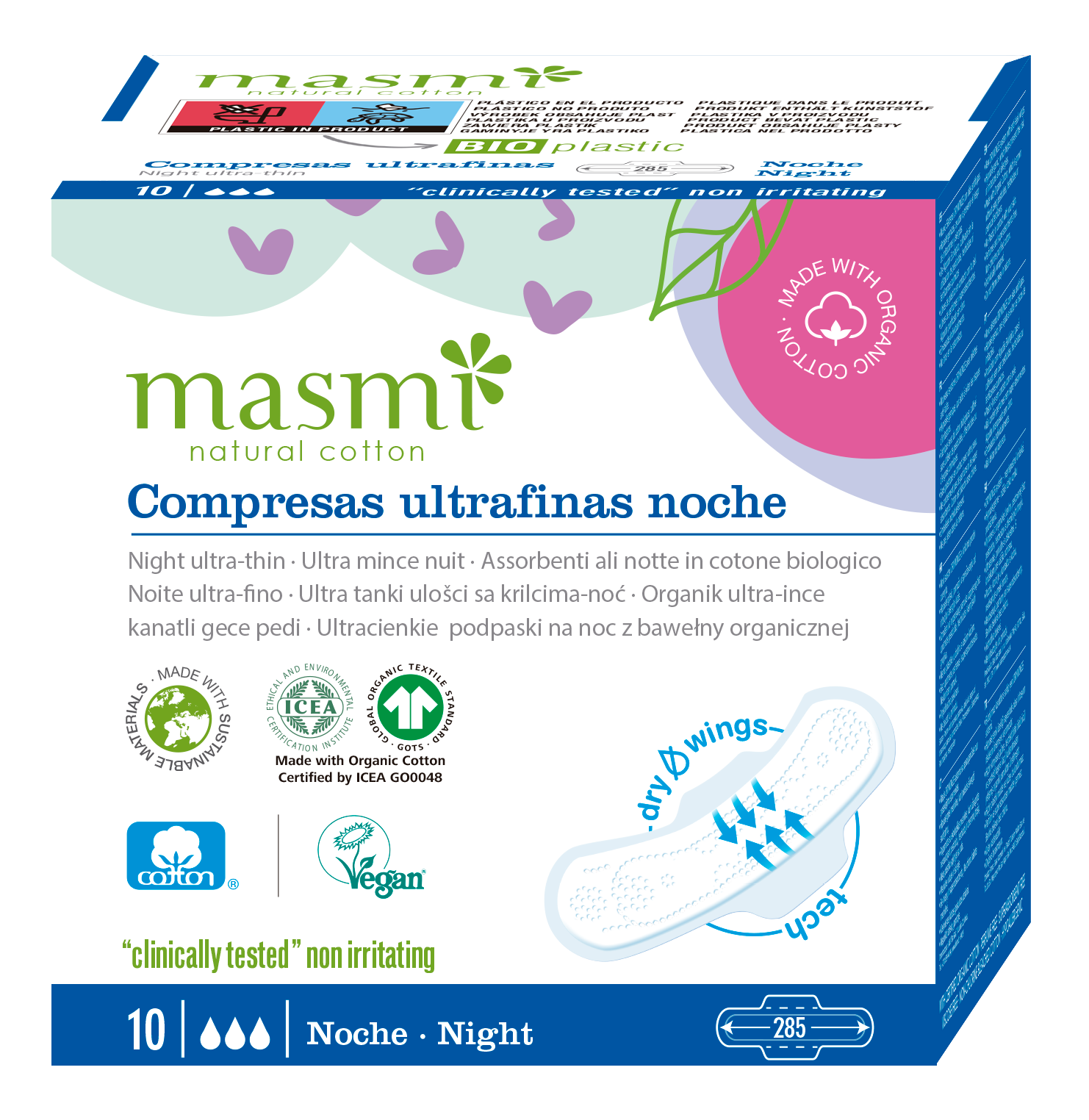 Podpaski ekologiczne na noc Masmi BIO 100% bawełny organicznej 10 szt.