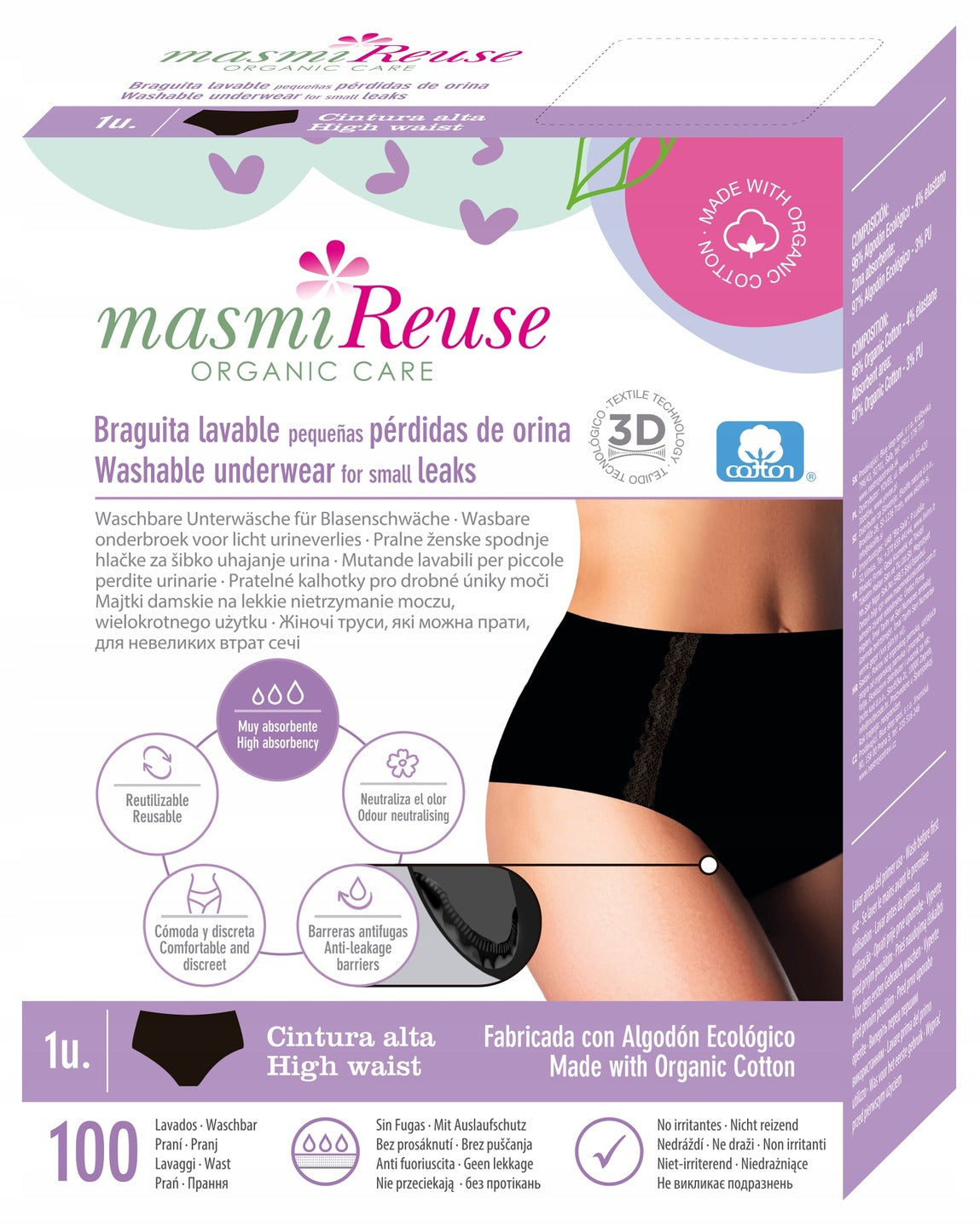 Masmi Bielizna na nietrzymanie moczu – wysoki stan (rozmiary: S, M, L, XL), 100% bawełny organicznej 1 szt.