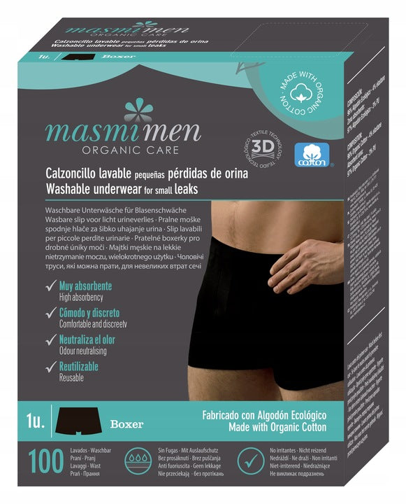 Masmi Bokserki męskie na nietrzymanie moczu (rozmiary: S, M, L, XL), 100% bawełny organicznej 1 szt.