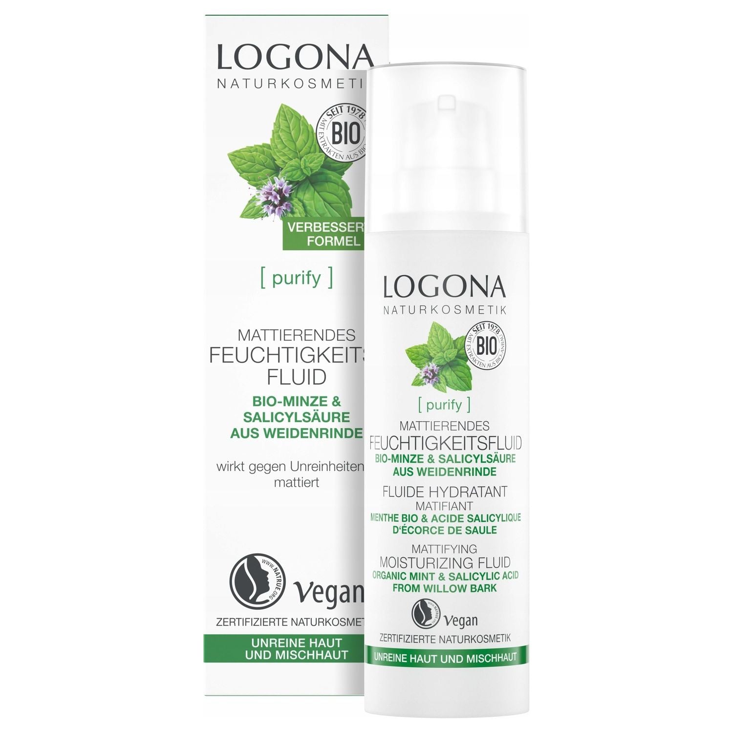Logona Matujący fluid nawilżający na dzień i na noc z organiczną miętą i kwasem salicylowym z kory wierzby 50ml