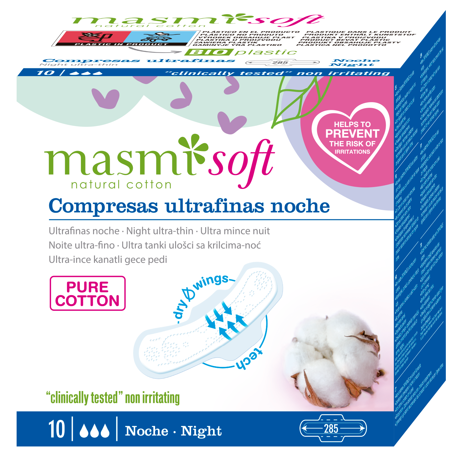 Podpaski ekologiczne bawełniane bez chloru SOFT na noc Masmi 100% BIO 10szt