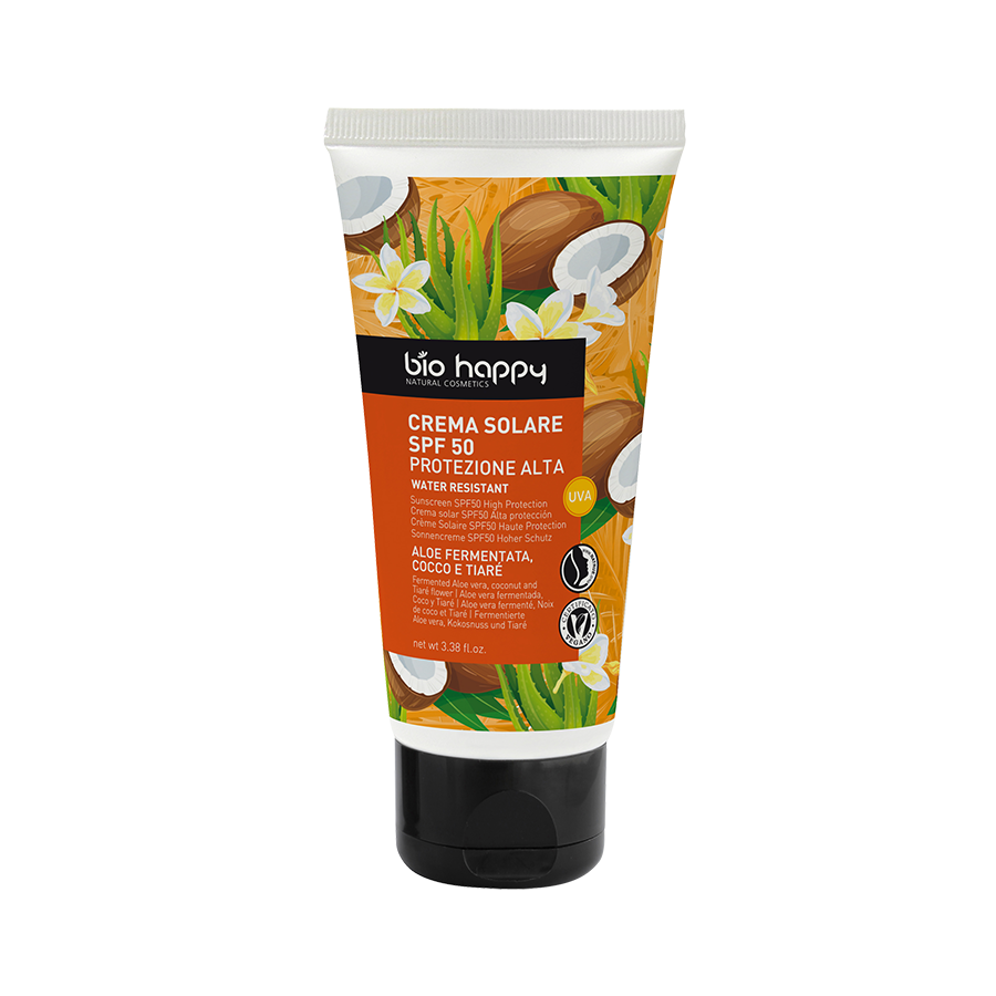Bio Happy Krem do opalania wysoka ochrona SPF 50 Fermentowany Aloes, Kokos & Tiara 100 ml