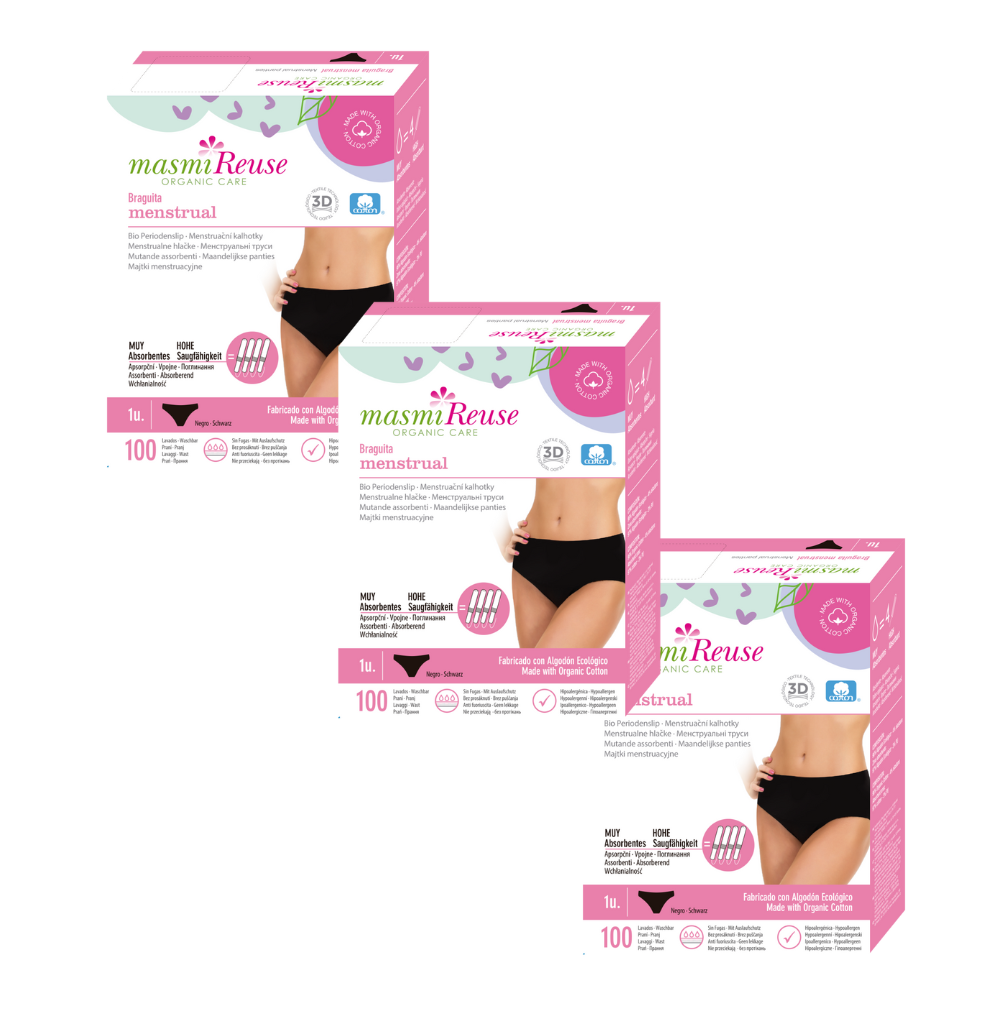 ZESTAW -5% 3x Masmi Majtki menstruacyjne ekologiczne CLASSIC wysoki stan 100% bawełna (rozmiary: S, M, L, XL)