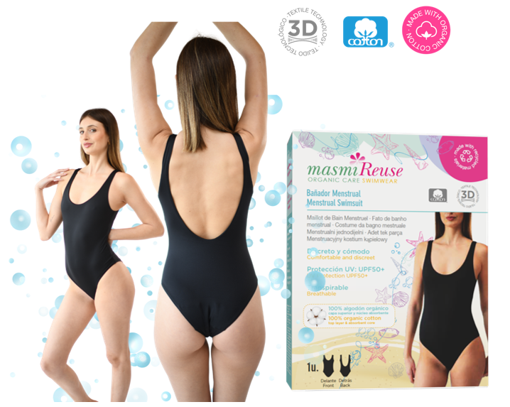 Masmi Menstruacyjny jednoczęściowy kostium kąpielowy UPF 50+, odporny na chlor i słoną wodę (rozmiary: XS, S, M, L) 1 szt.