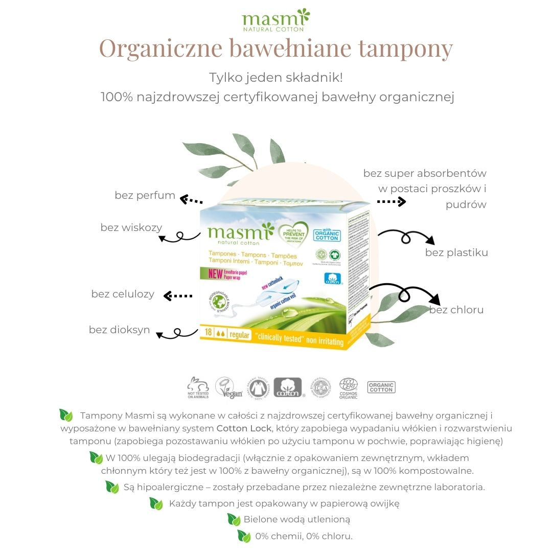 Tampony ekologiczne Regular (bez aplik.) Masmi BIO 100% bawełna 18 szt. - zdjęcie 4