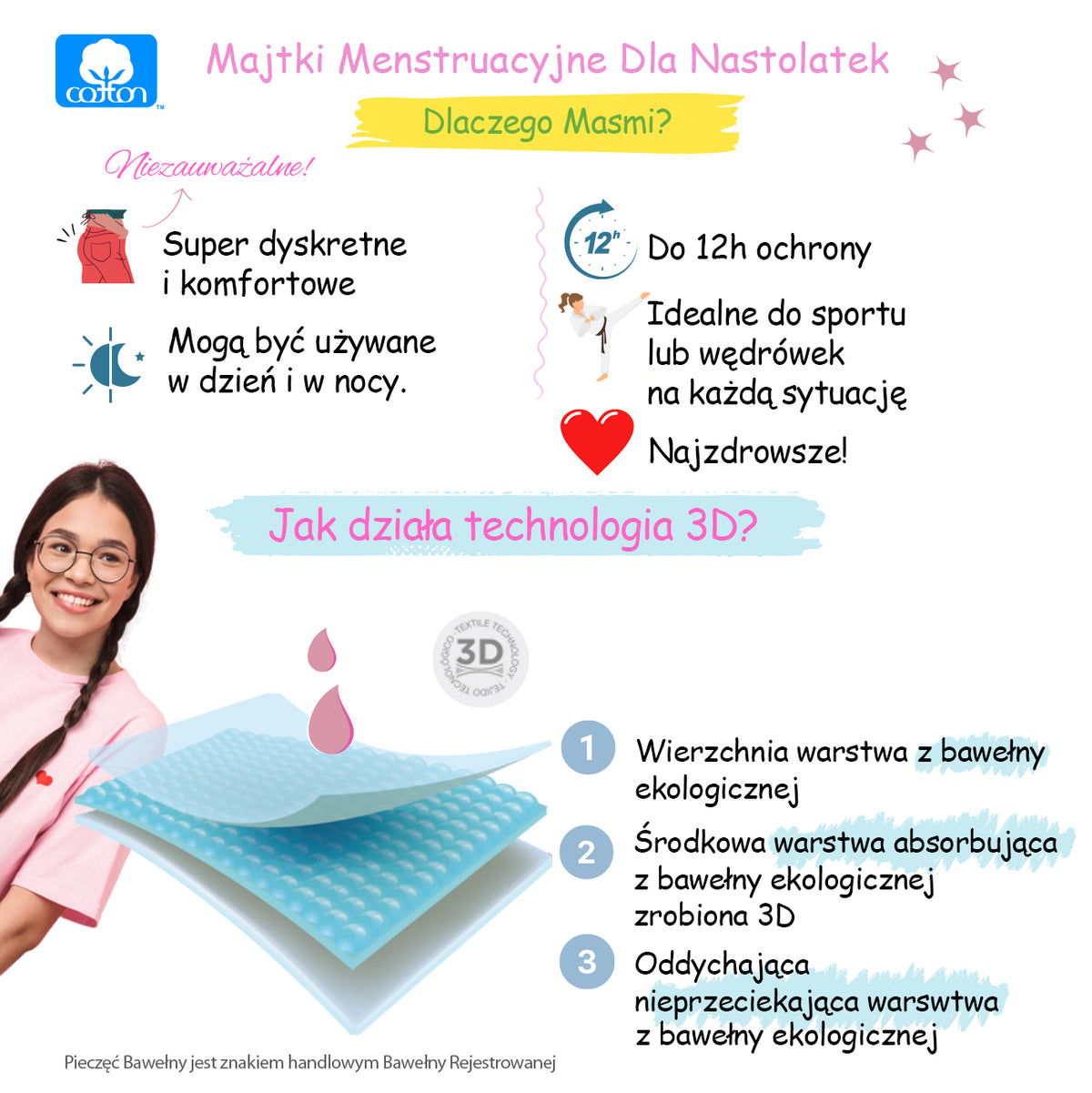 ZESTAW -5% 3x Masmi Majtki menstruacyjne ekologiczne DLA NASTOLATEK XS 100% bawełna BIO - zdjęcie 2