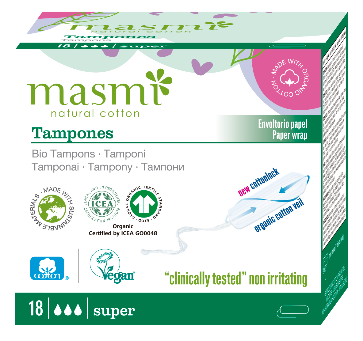 Tampony ekologiczne Super (bez aplik.) Masmi BIO 100% bawełna 18 szt.