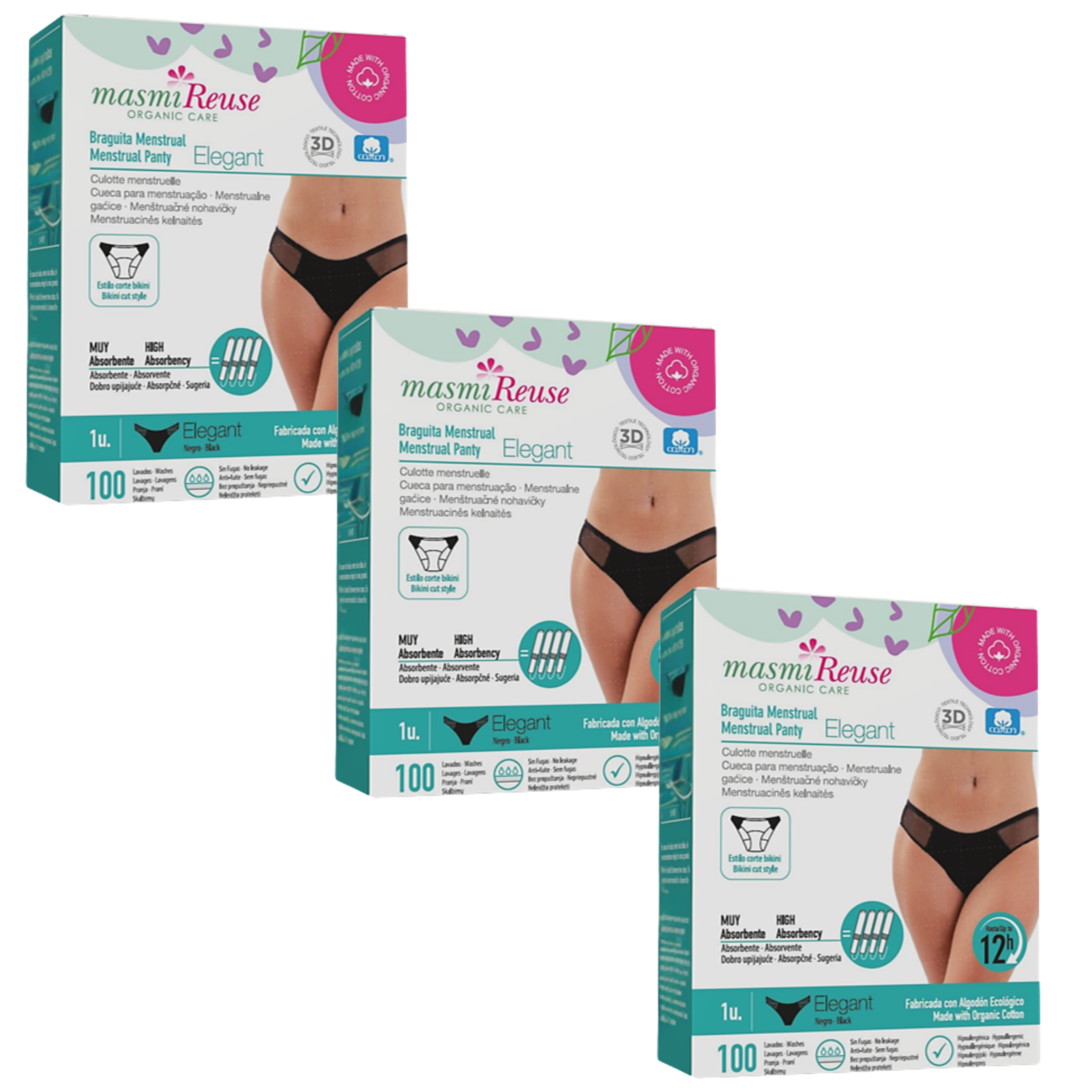 ZESTAW -5% 3x Masmi Majtki menstruacyjne ekologiczne ELEGANT 100% bawełna BIO (rozmiary: S, M, L, XL)