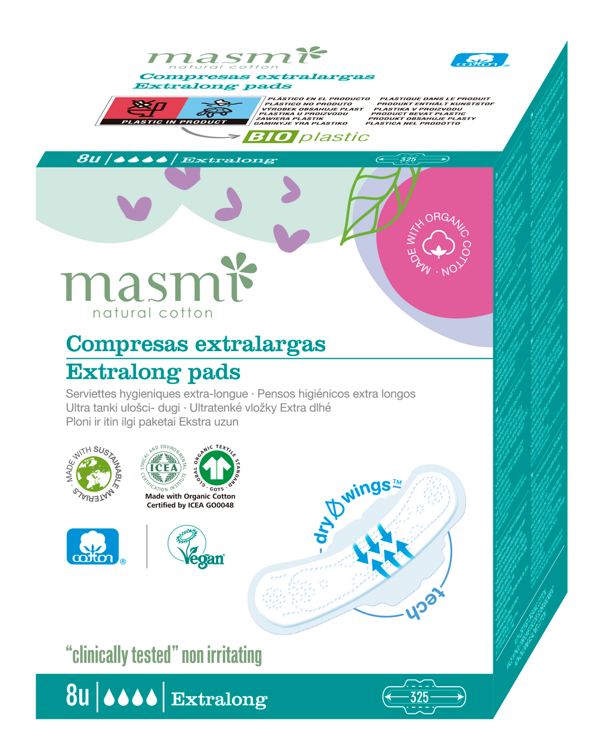 Podpaski ekologiczne bawełniane ekstradługie b/chloru 100% BIO Masmi 8 szt.