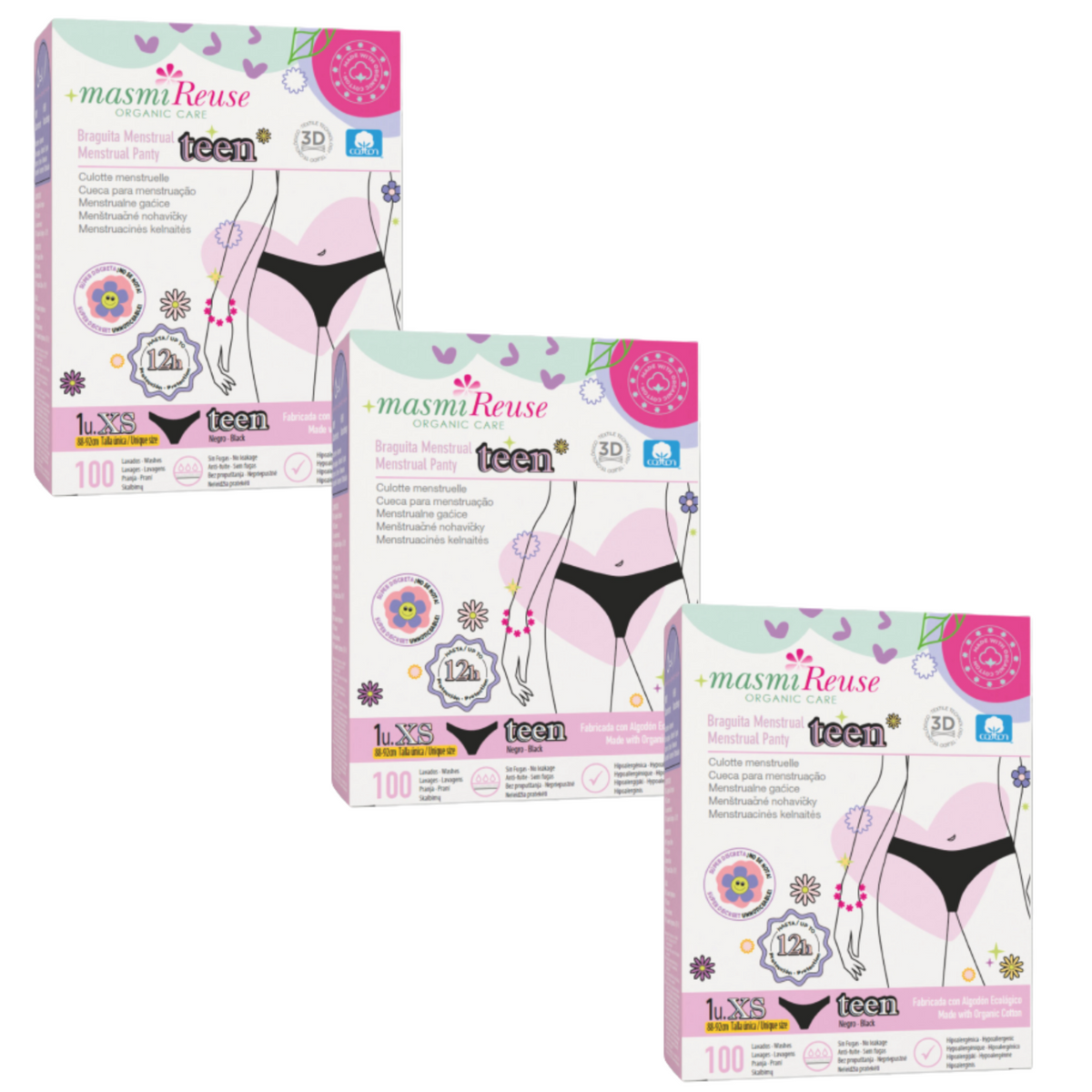 ZESTAW -5% 3x Masmi Majtki menstruacyjne ekologiczne DLA NASTOLATEK XS 100% bawełna BIO
