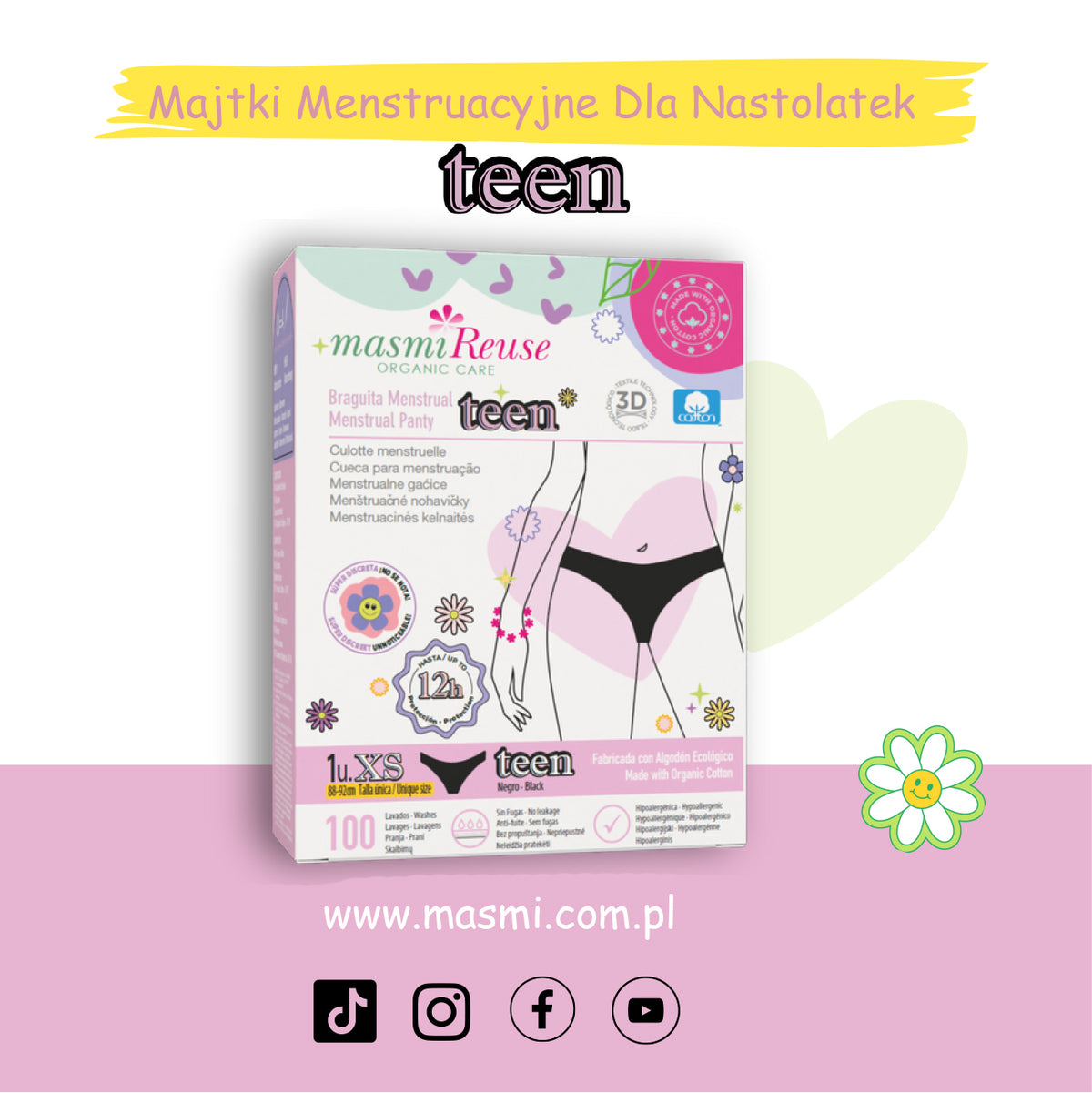 ZESTAW -5% 3x Masmi Majtki menstruacyjne ekologiczne DLA NASTOLATEK 100% bawełna BIO (rozmiary XS, S i M)