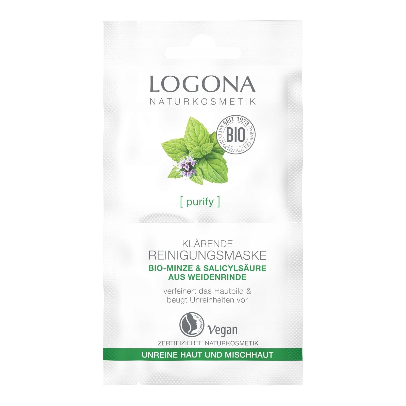 Logona Oczyszczająca maska z organiczną miętą i kwasem salicylowym z kory wierzby 15ml