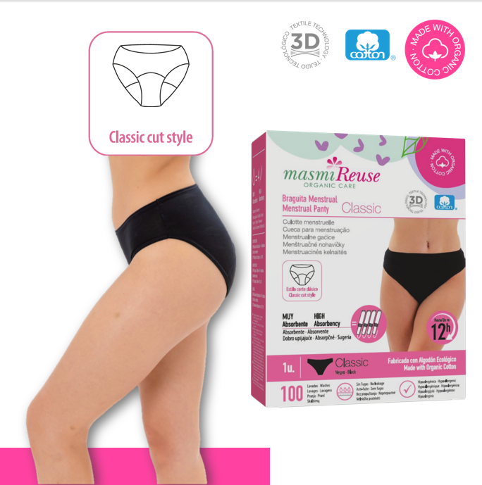 Masmi Majtki menstruacyjne CLASSIC (rozmiary: S, M, L, XL), wysoki stan100% bawełny organicznej 1 szt.