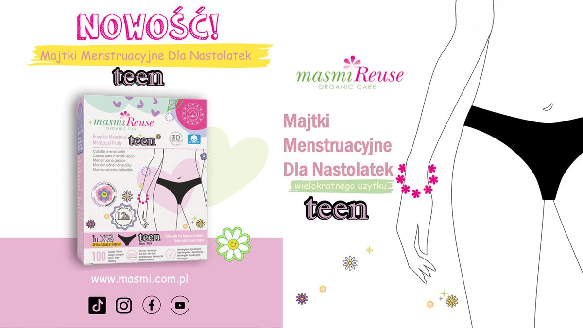 ZESTAW -5% 3x Masmi Majtki menstruacyjne ekologiczne DLA NASTOLATEK 100% bawełna BIO (rozmiary XS, S i M)