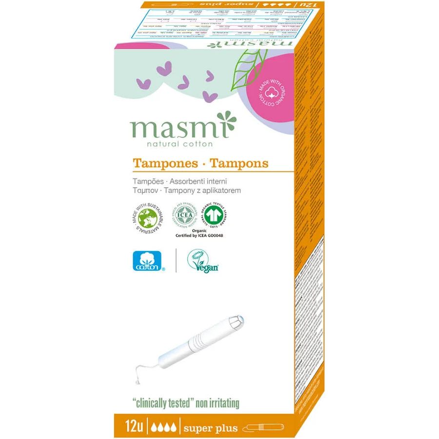 Masmi Organiczne bawełniane tampony Super Plus z aplikatorem 100% bawełny organicznej 12 szt.